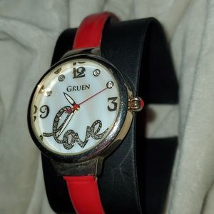 Gruen Women's Love Watch Red Patent Leather‎ Band Gold Case MOP Face